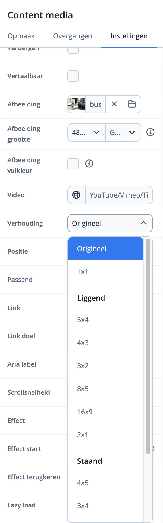 Afbeeldingverhoudingen instellen in het dropdown menu