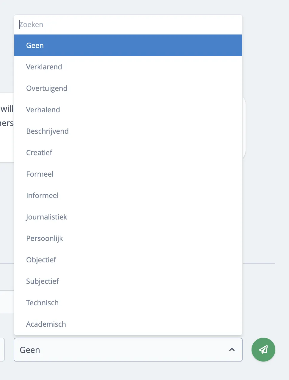 Dropdown met beschikbare schrijfstijlen