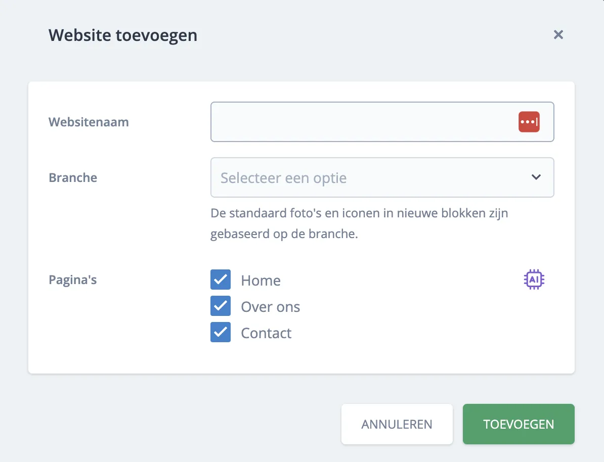 AI-icoon in website toevoegen scherm
