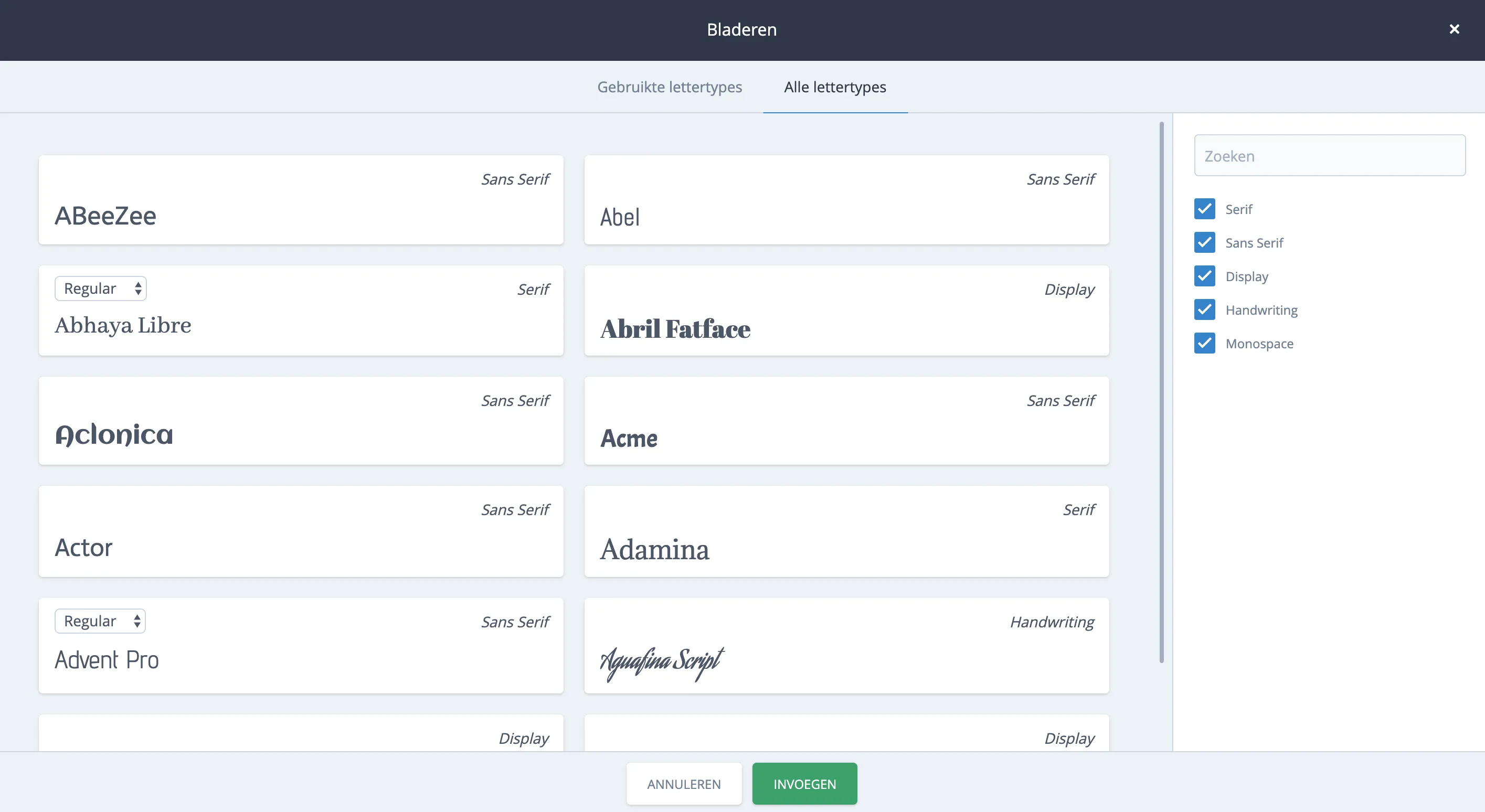 Fontselector in het opmaakmenu