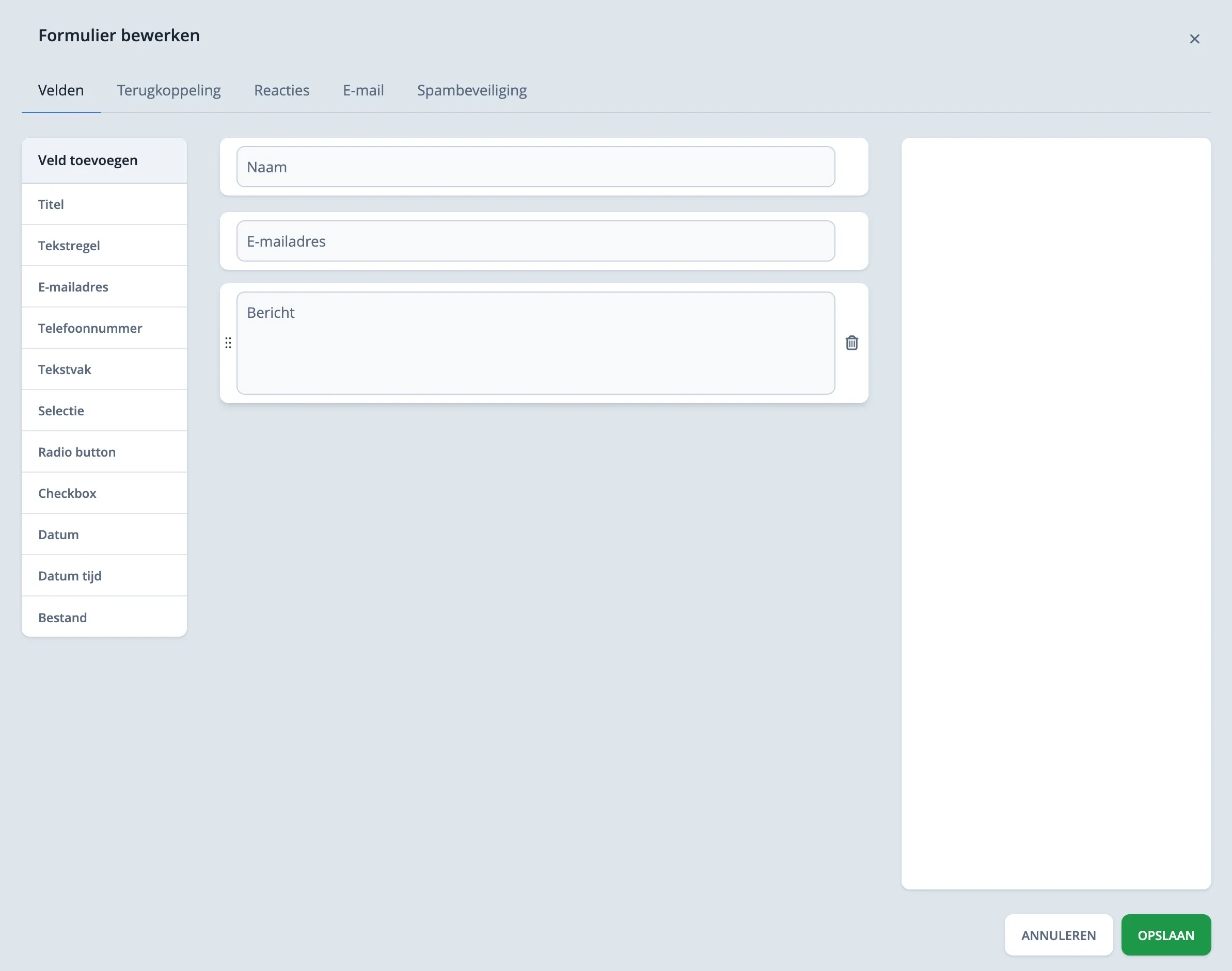 Formulier bewerken scherm met velden en instellingen