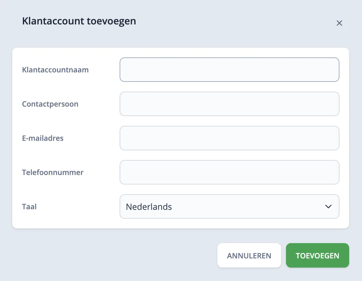 Klantaccount toevoegen formulier