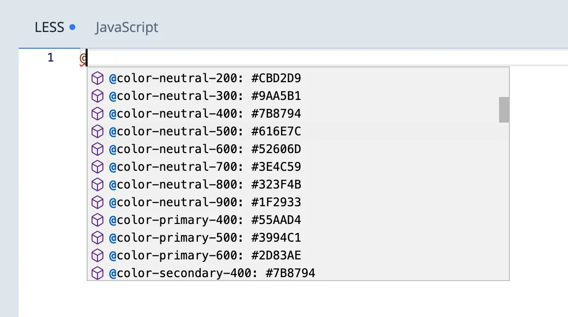 Suggesties voor LESS variabelen in de code-editor