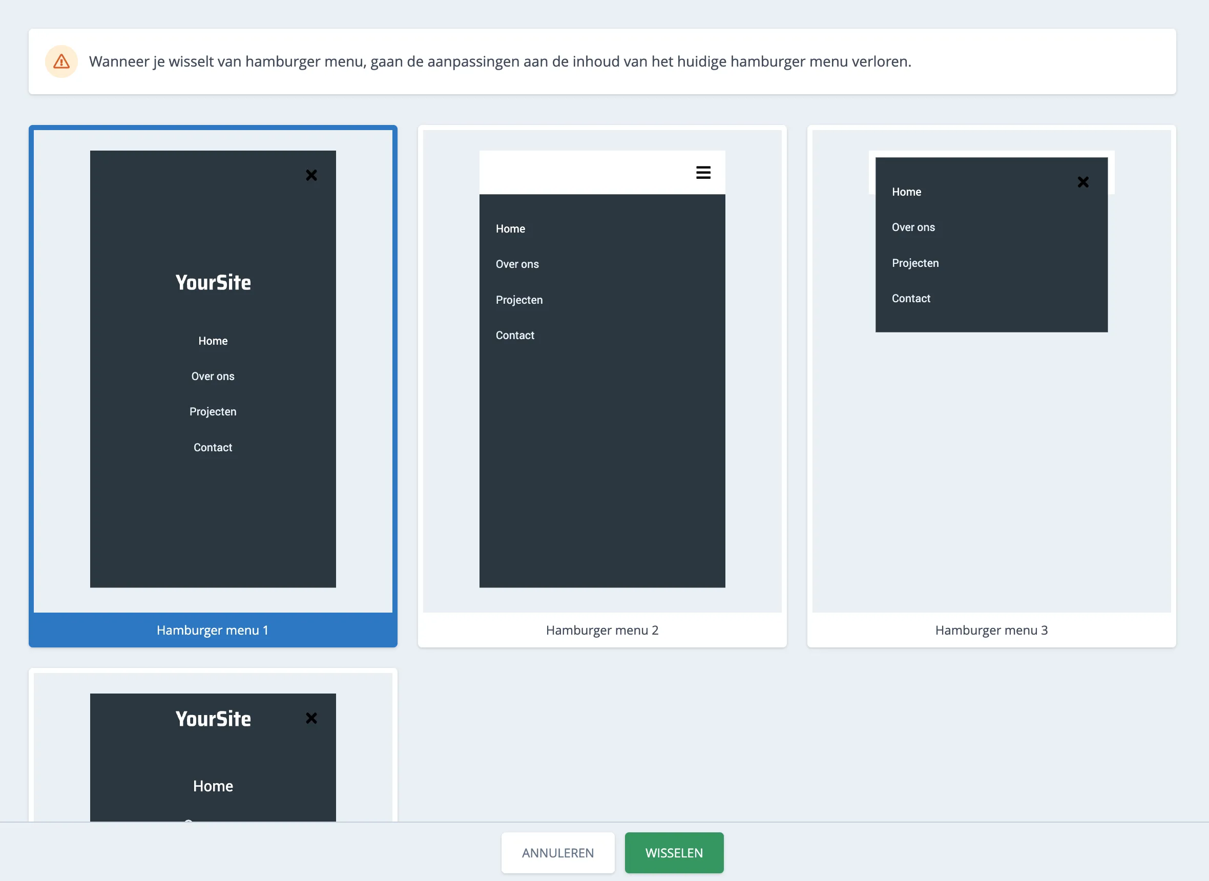 Beschikbare mobielmenu types