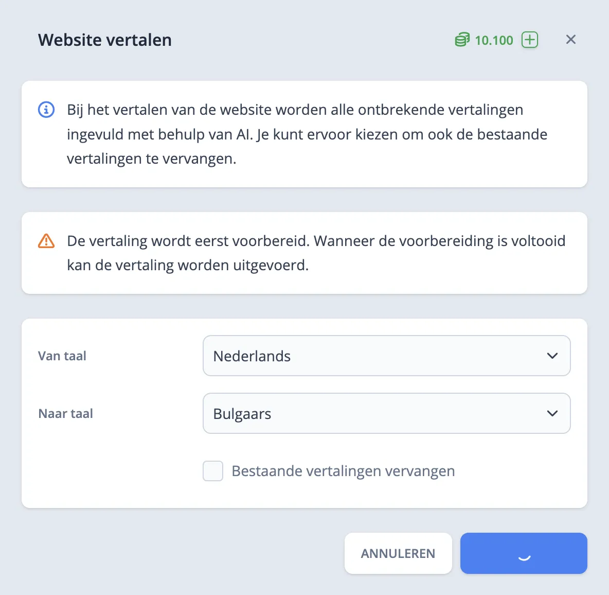 Pop-in voor vertaling starten