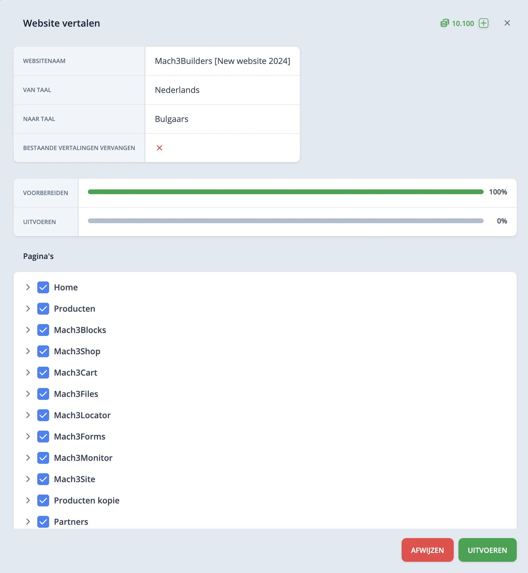 Pop-in voor vertaling uitvoeren