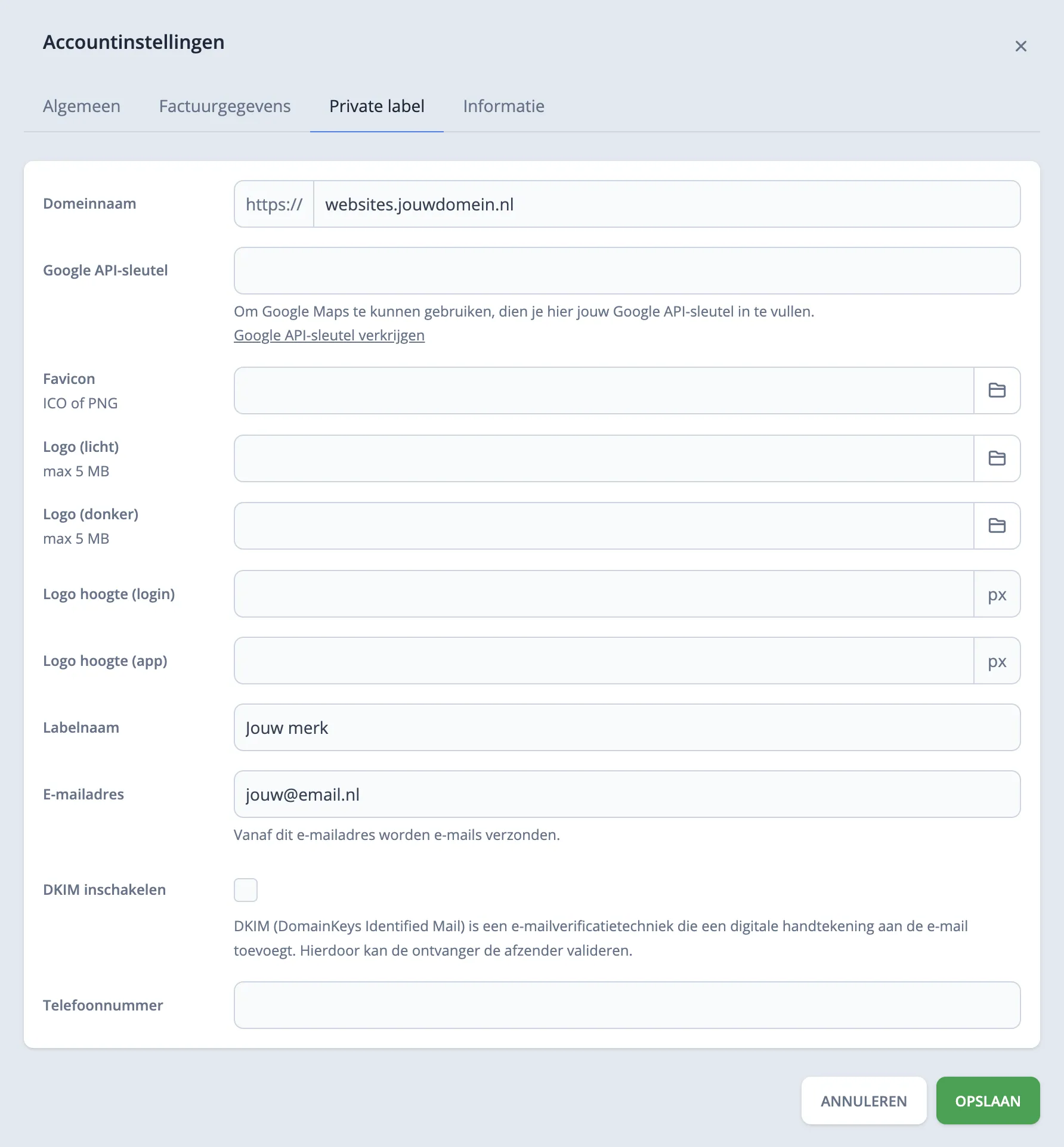 Private label instellingen formulier