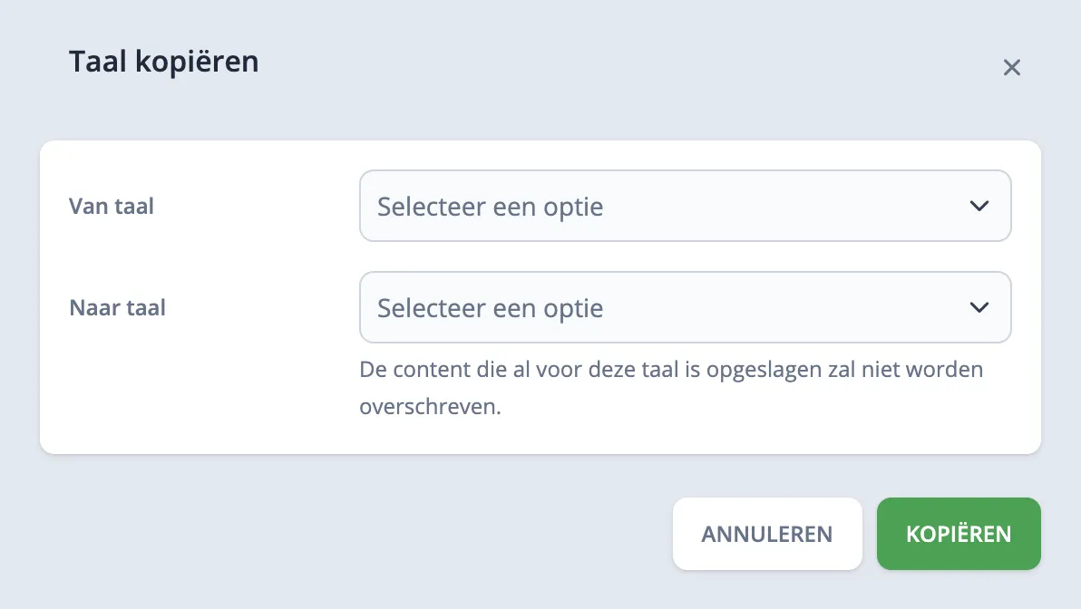Taalkopie formulier met bron en doel selectie