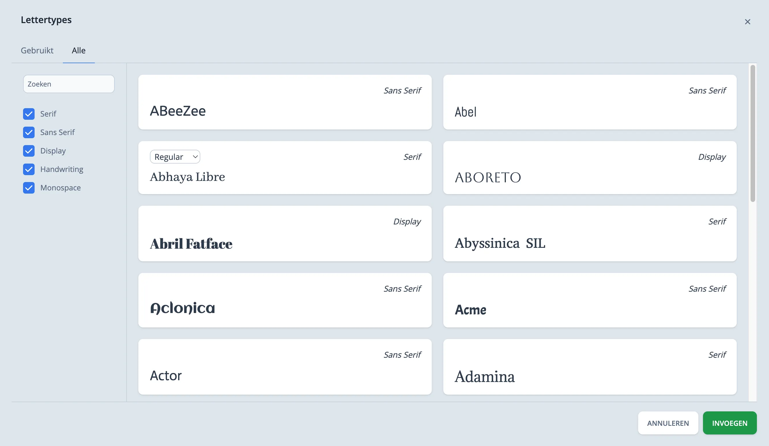 Typografie instellingen paneel