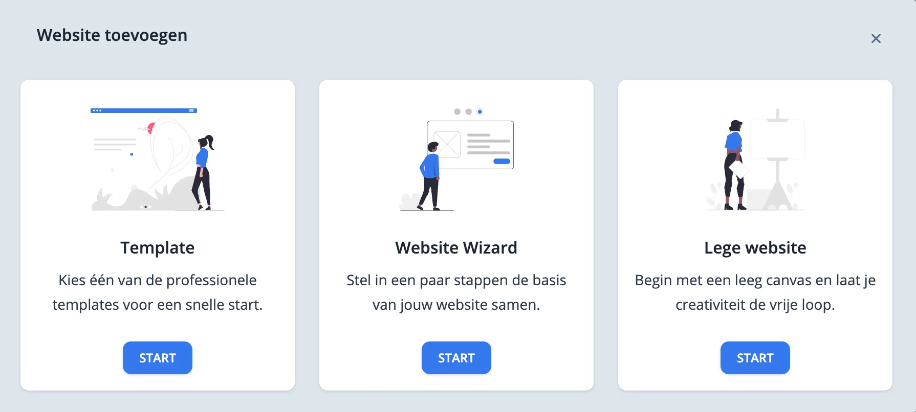 Overzicht van de drie opties voor het aanmaken van een website