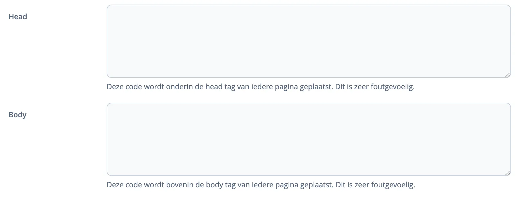 Invoervelden voor HEAD en BODY code