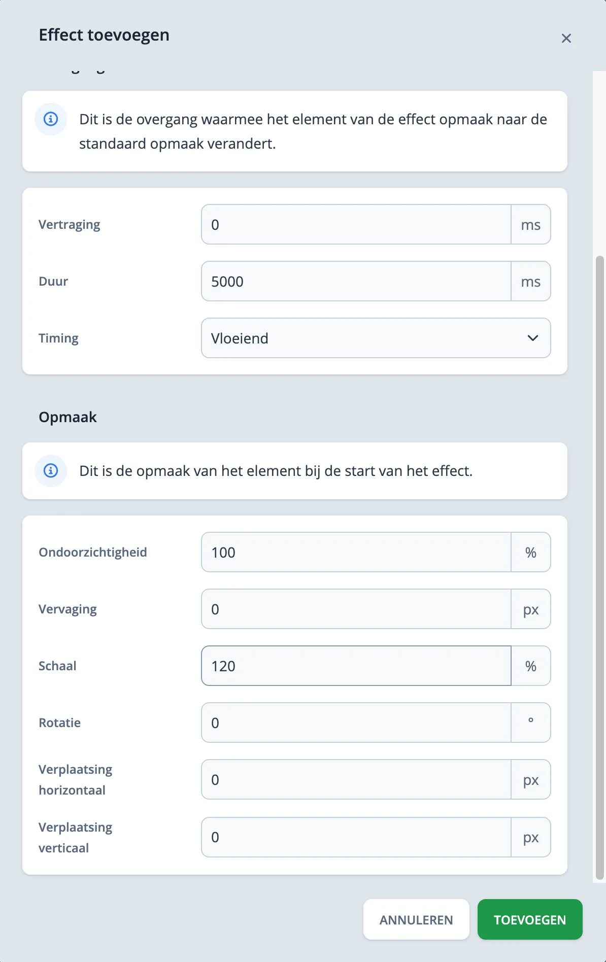 Zoom effect formulier met instellingen